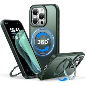 QTlier Green case iPhone 15 promax, 360 Rotatable Ring Stand, Raised Camera Fram